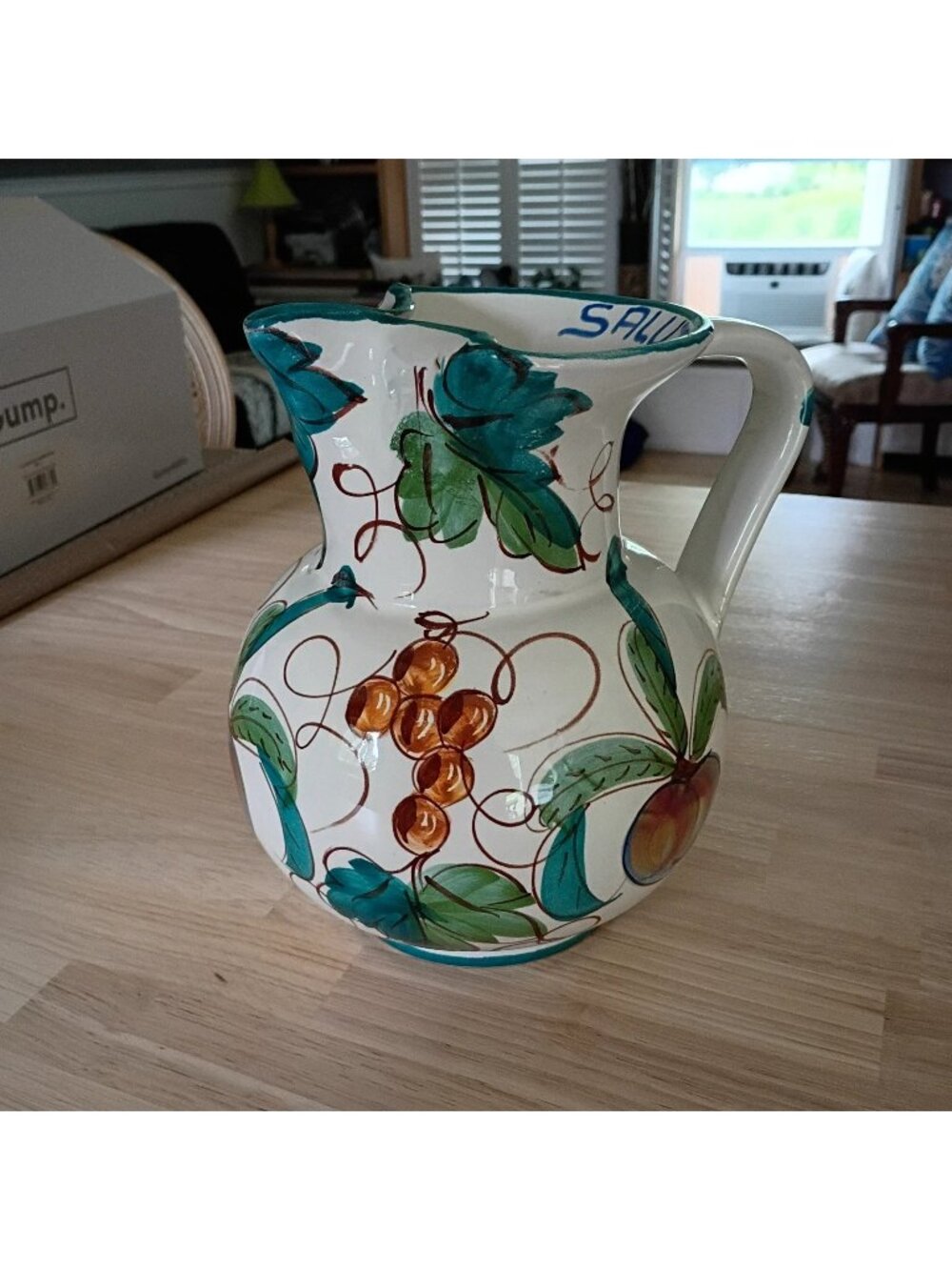 Italian Ceramic Salute Pitcher Hand Painted Fruit Grapes Wine Water Jug Majolica